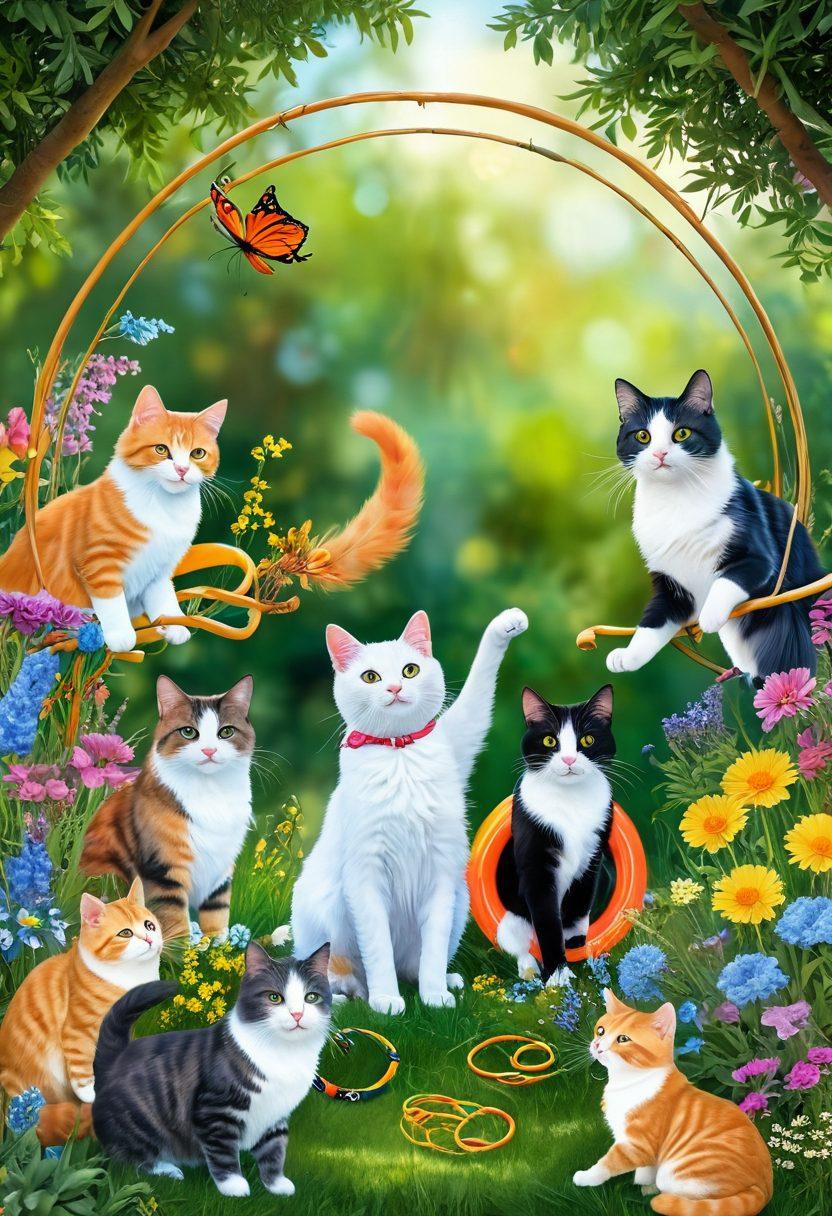 A playful scene of various cats engaging in whimsical antics, such as jumping through colorful hoops, stalking feather toys, and lounging in a sunlit garden filled with wildflowers. Each cat has a unique personality, showcasing different fur patterns and expressions of joy. The background is a dreamy, soft-focus environment that captures a sense of enchantment. The color palette is vibrant and cheerful, evoking a feeling of delight and playfulness. super-realistic. vibrant colors. soft background.