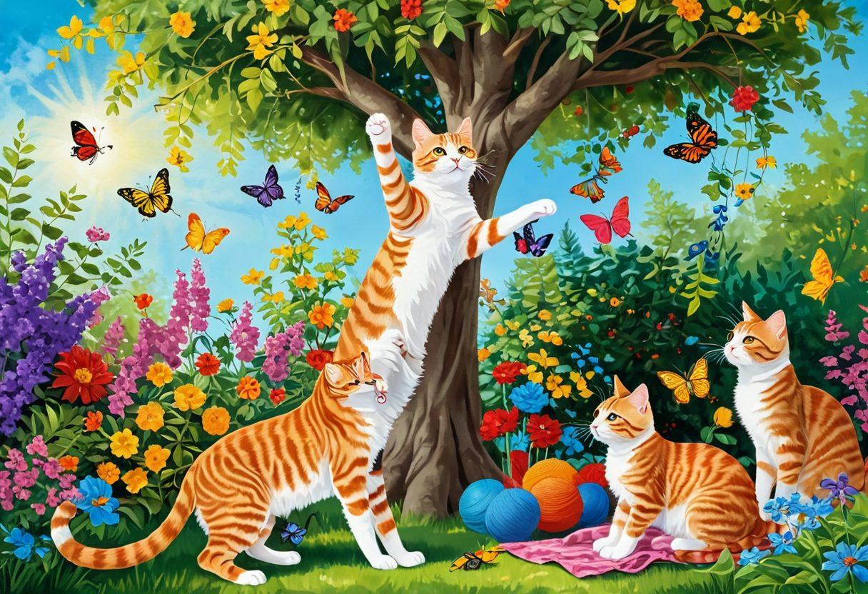 A whimsical scene showcasing a series of playful cats engaged in fun activities like chasing butterflies, playing with yarn, and climbing a colorful cat tree. The background features a sunny garden filled with vibrant flowers and playful toys scattered around. The cats should appear joyful and mischievous, radiating an aura of happiness and liveliness. Bright colors and a lighthearted atmosphere should dominate the image to capture the essence of feline playfulness. vibrant colors. painting.