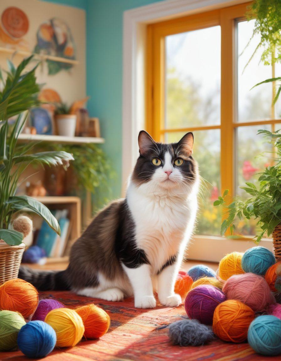 A playful scene featuring various cats engaged in amusing activities, like chasing feathers, lounging in sunbeams, and playing with yarn balls. Each cat has a unique expression of joy, showcasing their happy personalities. Bright colors fill the background, depicting a cozy home environment with plants and toys scattered around. The overall atmosphere is vibrant and cheerful, inviting the viewer into the joyful world of feline friends. vector art. vibrant colors.